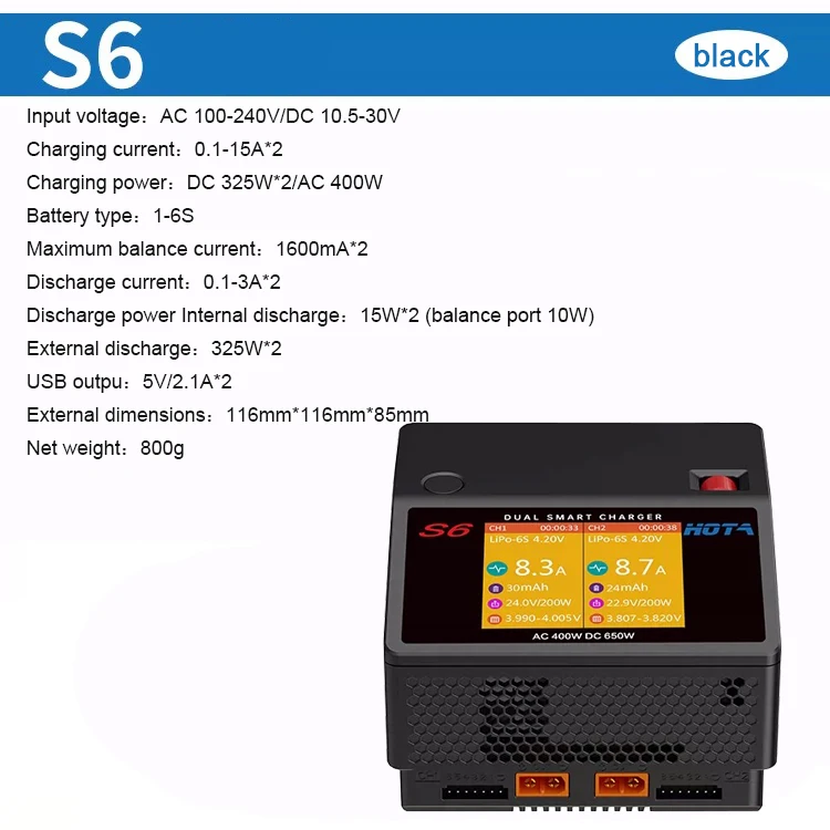 NEW HOTA S6 AC400W DC650W 15A Dual Channel Smart Ultra Small Size Charger for Lipo LiHV LiFe LiIon NiZn NiCd NiMH Battery