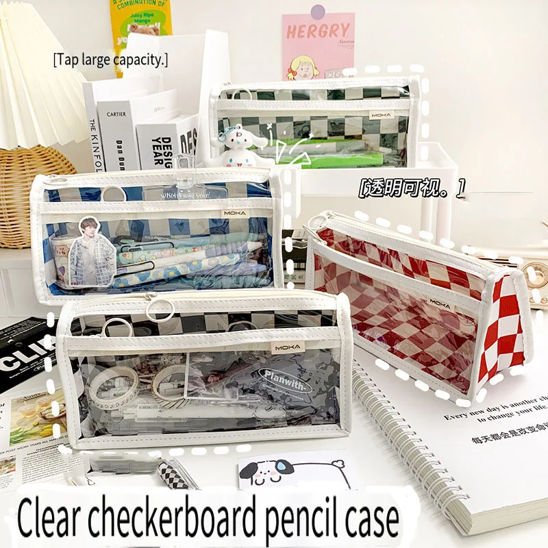 Creative Transparent Chessboard Grid Pendant Large Capacity Pencil Case Canvas Mixed Color Plaid Pencil Box Student Stationery