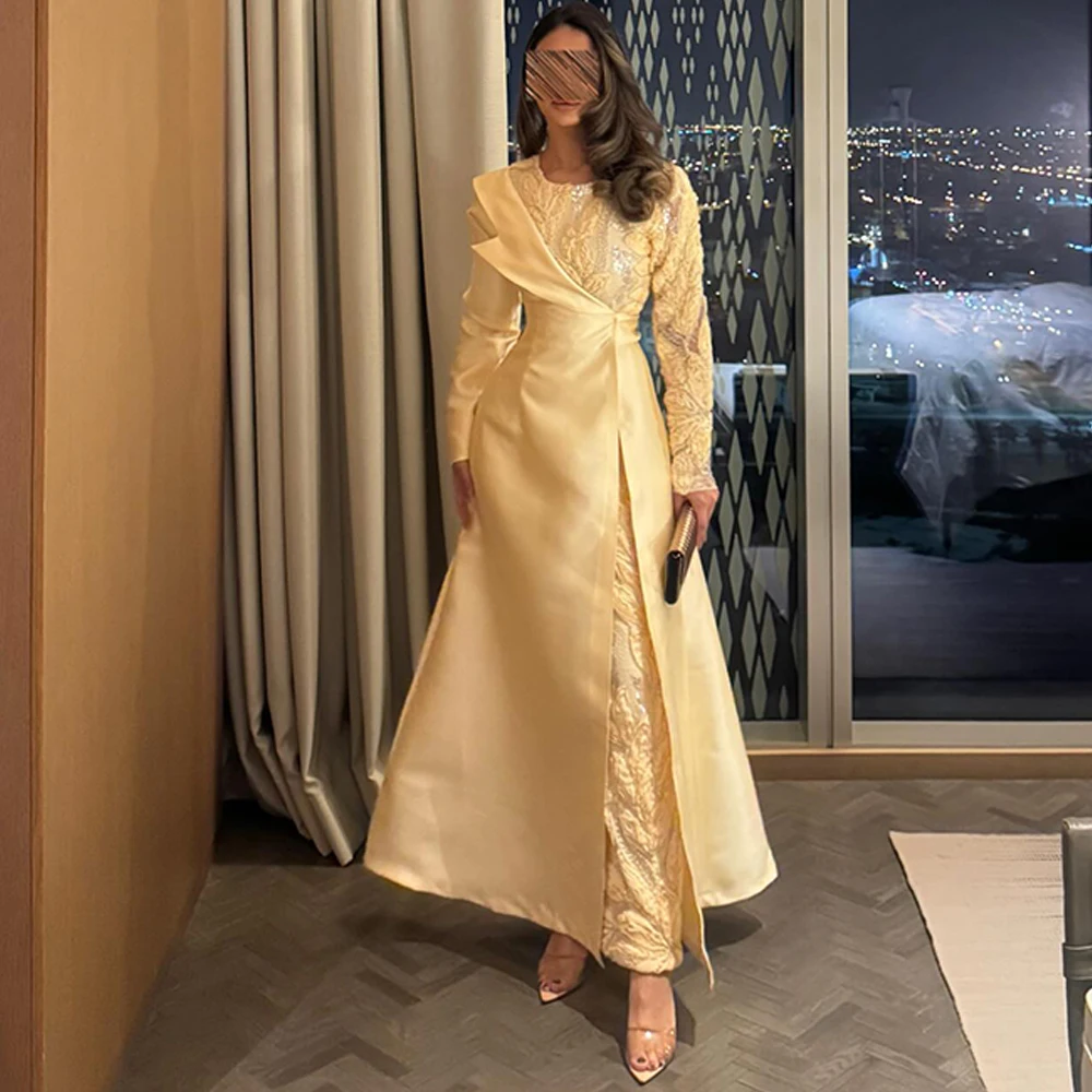 

Fashion Satin Evening Dress Exquisite O-Neck Long Sleeves Customized Homecoming Dresses Modern Appliques Special Occasion Gowns