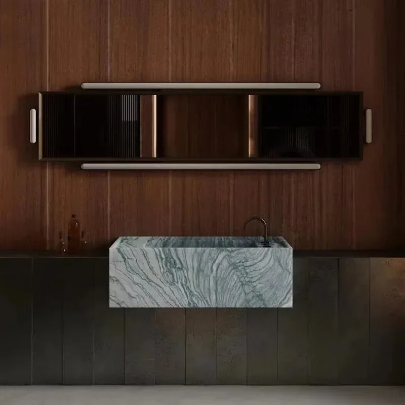Luxury Green Natural Marble Wall Hung Integrated Sink, Solid Stone Wash Basin with Natural Veins for Modern Home Bathroom