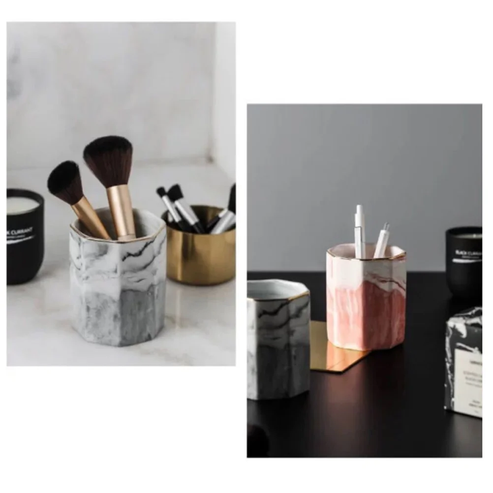 1 قطعة كوب تخزين سيراميك على الطراز الشمالي نمط رخامي منظم حامل قلم خفيف الوزن رمادي ذهبي حافة #3