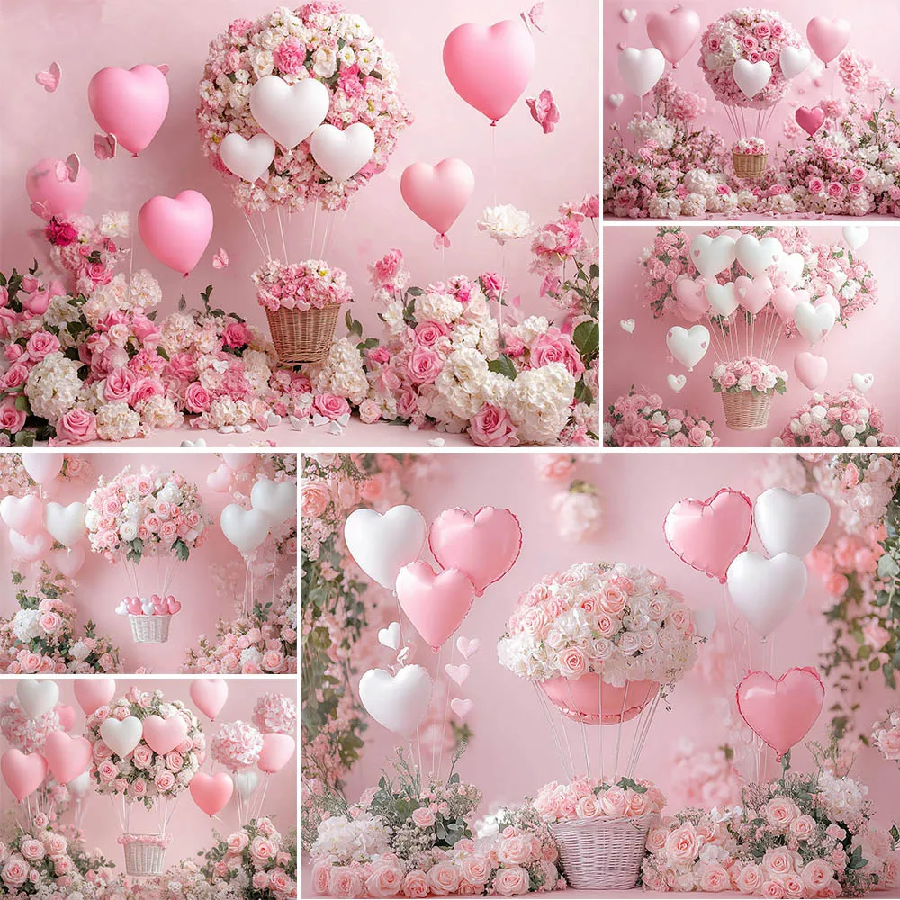 Valentine's Day Photography Background Pink Heart Balloon Flower Basket Decoration Couple Wedding Portrait Backdrop Studio Props