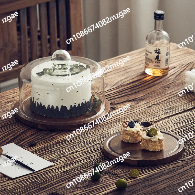 

Acacia wood tray cake rack glass transparent cover simple fruit plate afternoon tea bread retro snack tasting plate