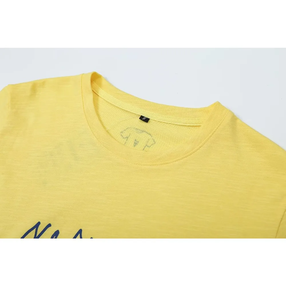 Casual Contrast Text Print T-shirt for Women Summer Comfy Yellow Cotton Tee Crew Neck Short Sleeve T-shirt with Contrasting Text