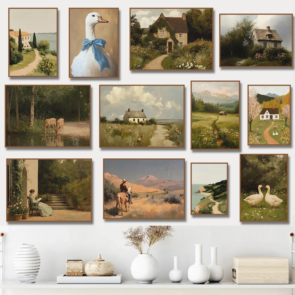 Vintage Englischer Landhausstil Gans und Hirsch Leinwanddruck, Ländliches Bauernhaus Poster Wandkunst, Landschafts-Heimdekoration
