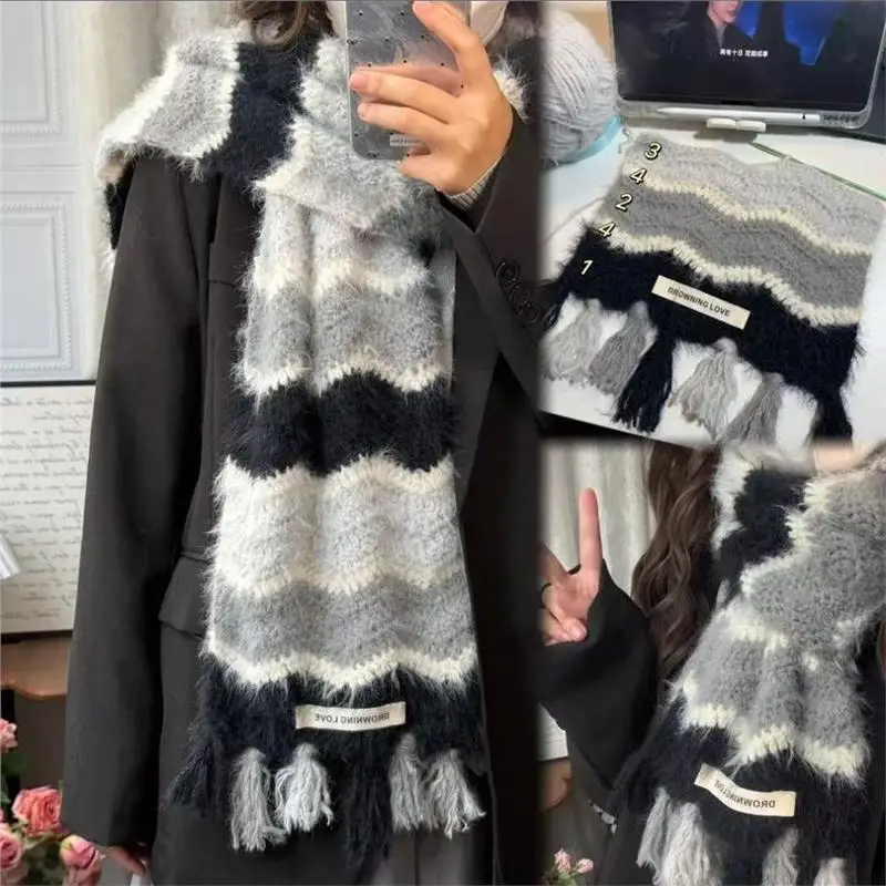 

adual Wave Knitted Scarf Mixed Wool Snowflake Yarn Crochet Four Color adient Wave Pattern DIY Material Faion Accory
