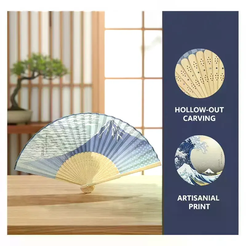 Japanese Style Bamboo Folding Fan Handheld Folding Fan With Waves Sashimi Prints Great Prop For Photos