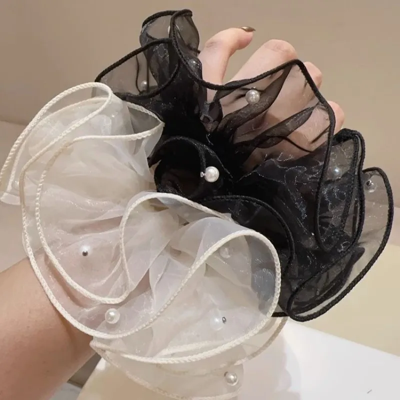 Spring and Summer New Fashionable Pearl Inlaid Hair Ring Extra Large Black Headdress Flower Updo Hair  Big Scrunchies for Women