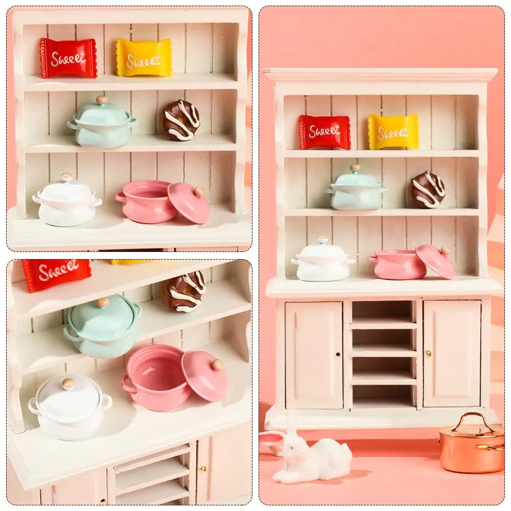キャンディーカラーシミュレーションモデルキッチン調理ミニチュアスープポットミニ調理器具鍋蓋付きドールハウスアクセサリー