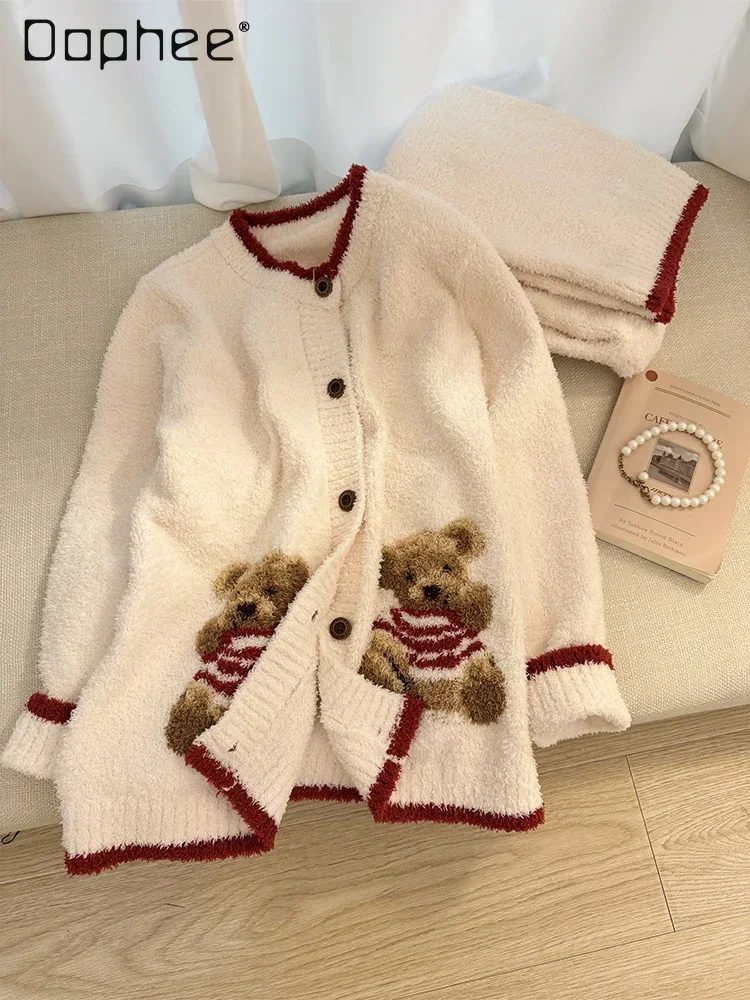 Korean Style Cute Bear Knitted Pajamas for Women Winter Large Size Round Collar Single-breasted Thickened Loungewear 2pcs