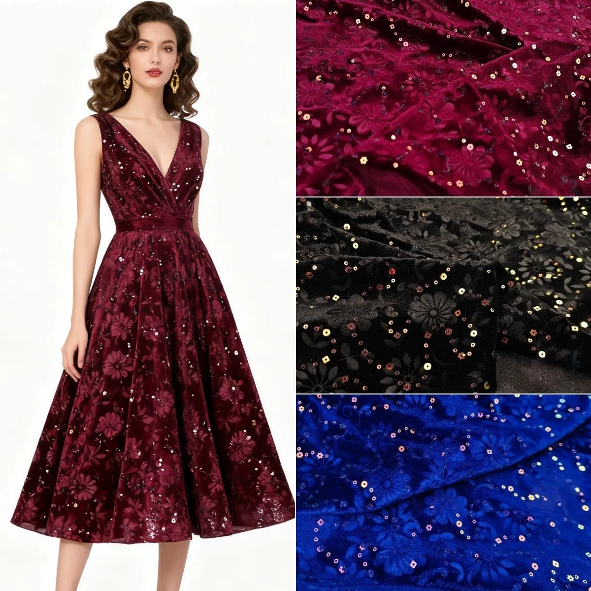 

New bright embossed sequin embroidered velvet fabric sewn cheongsam stage clothing evening gown designer fabric