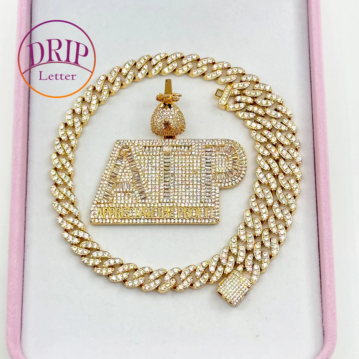 

Drip Letter All Bout Loyalty Pendant Iced Out Necklace for Women Charms Real Gold Plated Hip Hop Jewelry