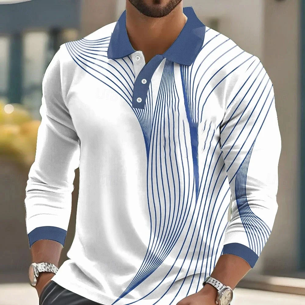 

New Men's Striped Print Golf Shirt Long Sleeve Polo Shirt Lapel Business Casual Formal Button 3D Printing Autumn and Winter