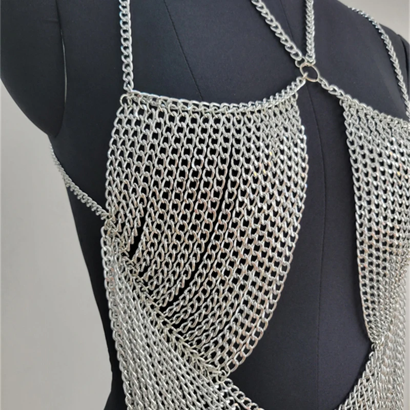 Böhmische Metall-Kettenhemd-Körperkette Gold Silber Ausgehöhltes Mehrlagiges Fransen-Crop-Top für Party Nachtclub Rave Musikfestival – Detail 7