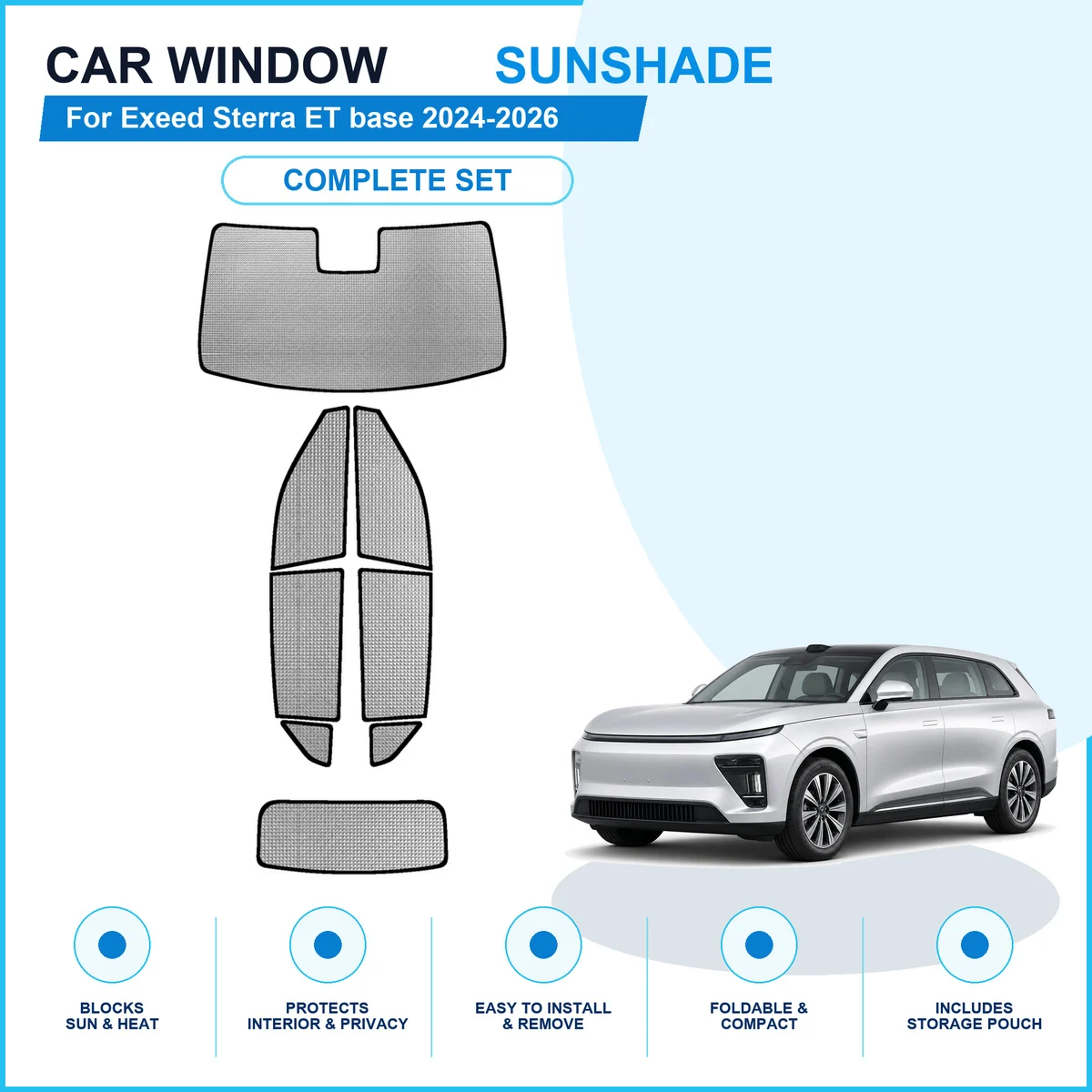 For Exeed Sterra ET base 2024-2026 Custom Full Set Window Sunshades Aluminum Foil Suction Cup Anti UV Privacy