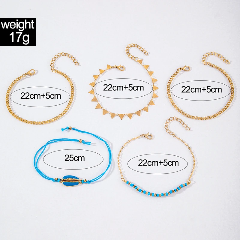 Tocona Bohemia Gold Colour Triangle Anklet Set for Women Girl Shell Blue String Geometric Multilayer Foot Chain Jewelry 25008