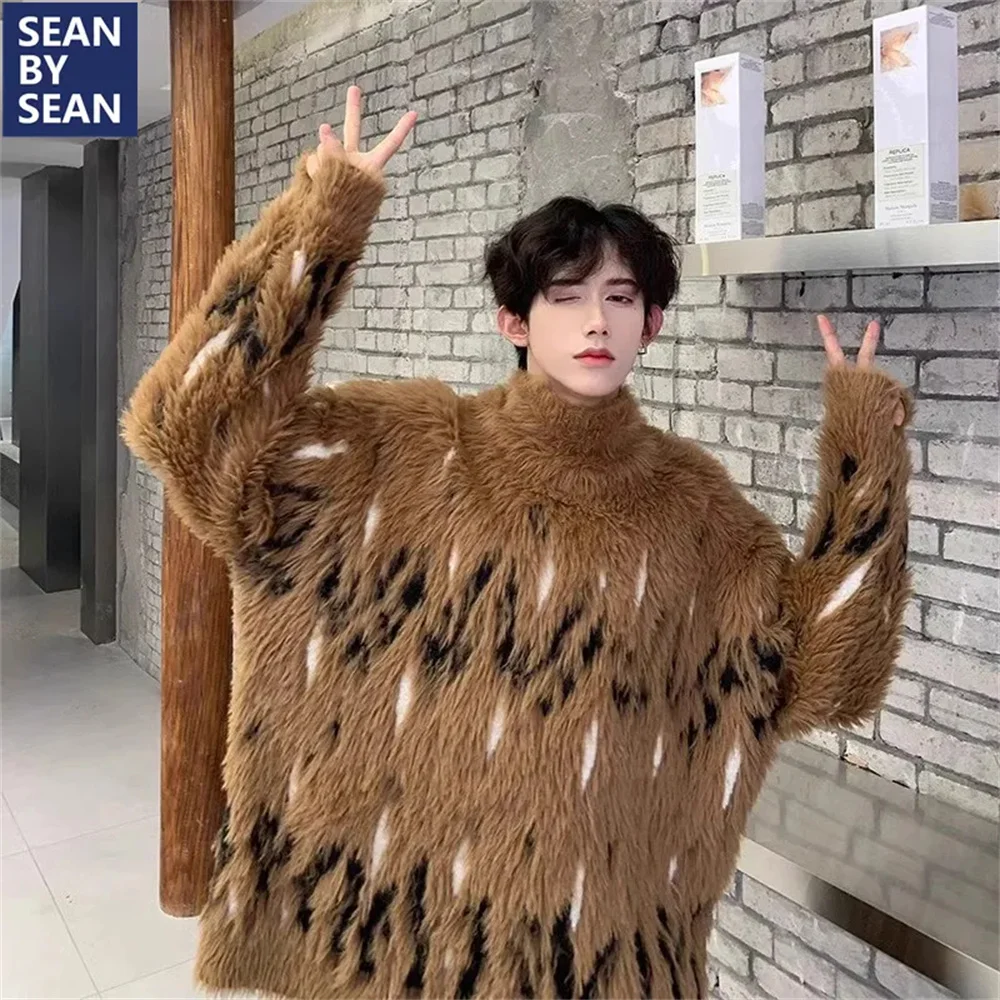 

2024 men's autumn and winter high street fashion imitation mink fur turtleneck pullover men's trend Joker high sense long plush