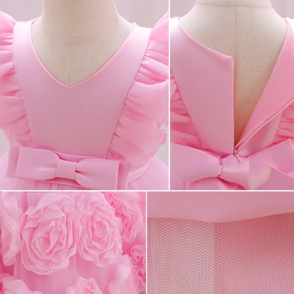 ELBCOS 2-6T Kid Girls Short Puff Sleeve Bowknot Belt Bowknot Bubble Peony Flower Cake Skirt Costumes Evening Full Dress