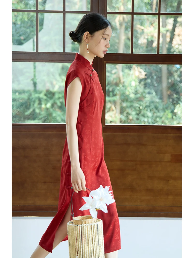 ZIQIAO New Chinese Style Improved Cheongsam Female Long Dress 2024 Summer New Red Retro Versatile Casual Women Dress 24ZQ92250