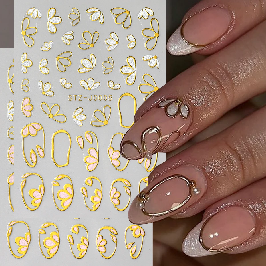 

3D Bronzing Glitter Floral Nail Stickers Golden Petals White Daisy Self-adhesive Decals Elegant Spring Design Manicure Sliders