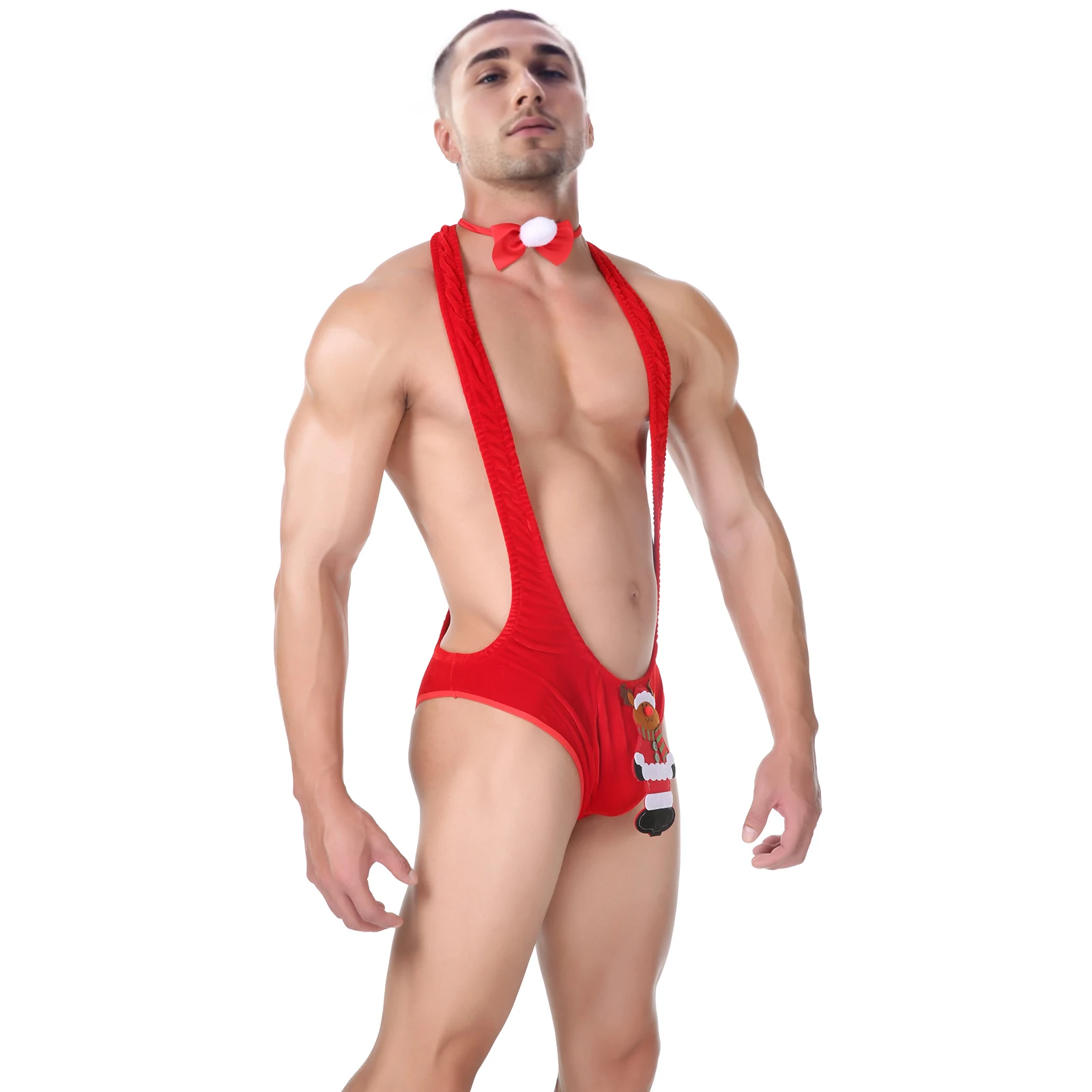 CLEVER-MENMODE Mens Sexy Christmas Lingerie One-piece Underwear Bodysuit Mankini Santa Claus Cosplay Erotic Bowtie Penis Pouch