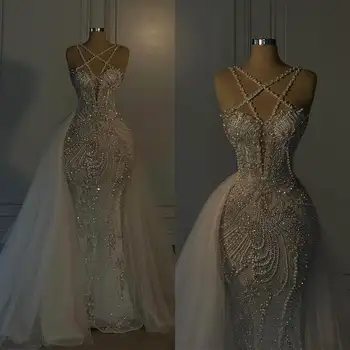 Luksusowe suknie ślubne kryształowe perły suknia panny młodej syrenka suknia ślubna odpinany pociąg bez rękawów Custom Made Vestidos De Novia