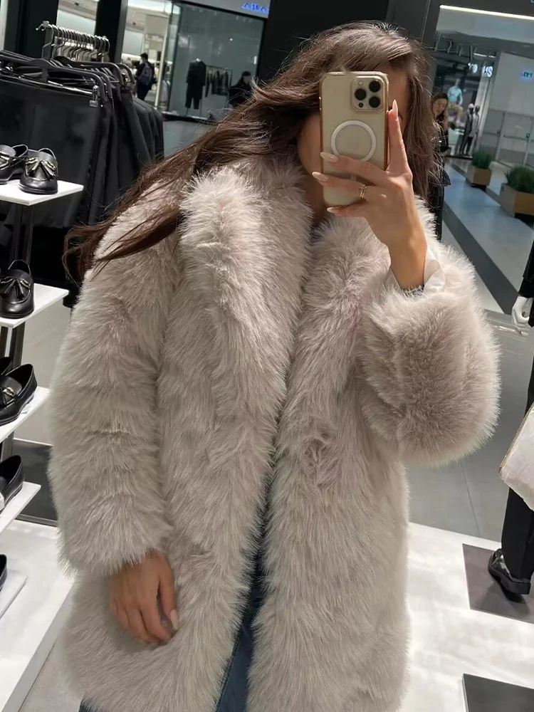 HH Women's Winter New Fashion Lapel Solid Pockets Long Sleeves Fur Coats Female Vintage High Street Causal Warm Fur Jacket