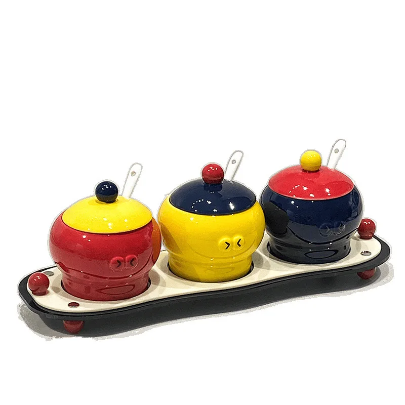 

cute ceramic seasoning jar set, salt sugar jar, monosodium glutamate seasoning box, pepper oil jar, kitchen seasoning