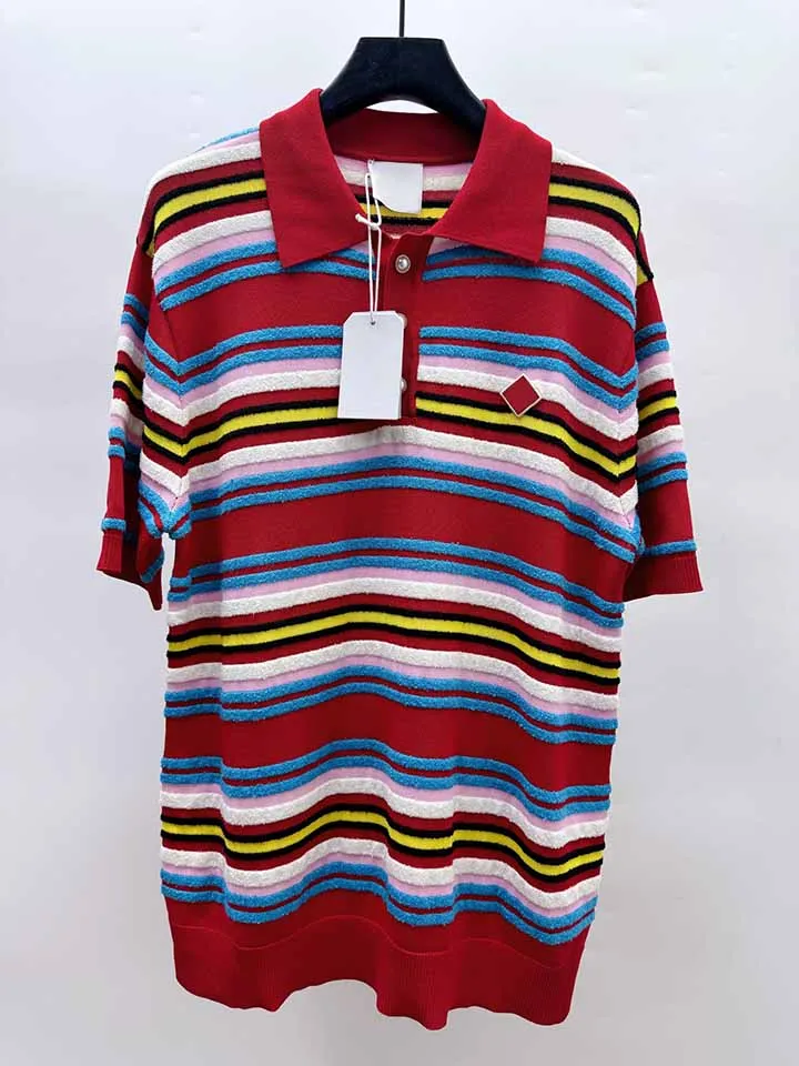 2025 New Casinoblank Striped Turn Down Collar Summer Sweater T shirt Oversized Short Sleeve Sweater Pearl Button