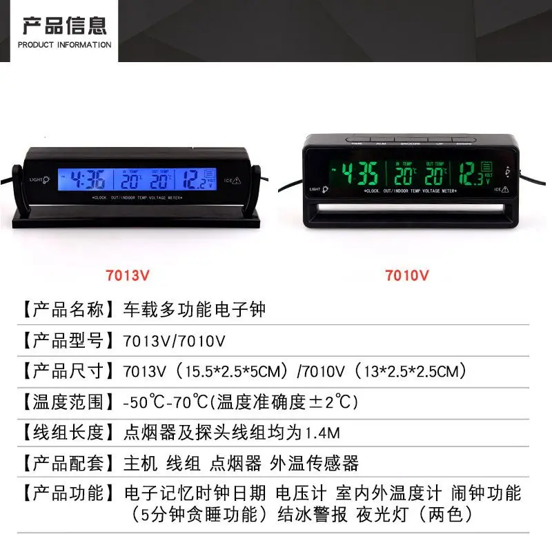 3‑in‑1 Car Electronic Clock Voltmeter Indoor Outdoor Thermometer Dashboard Digital Gauge