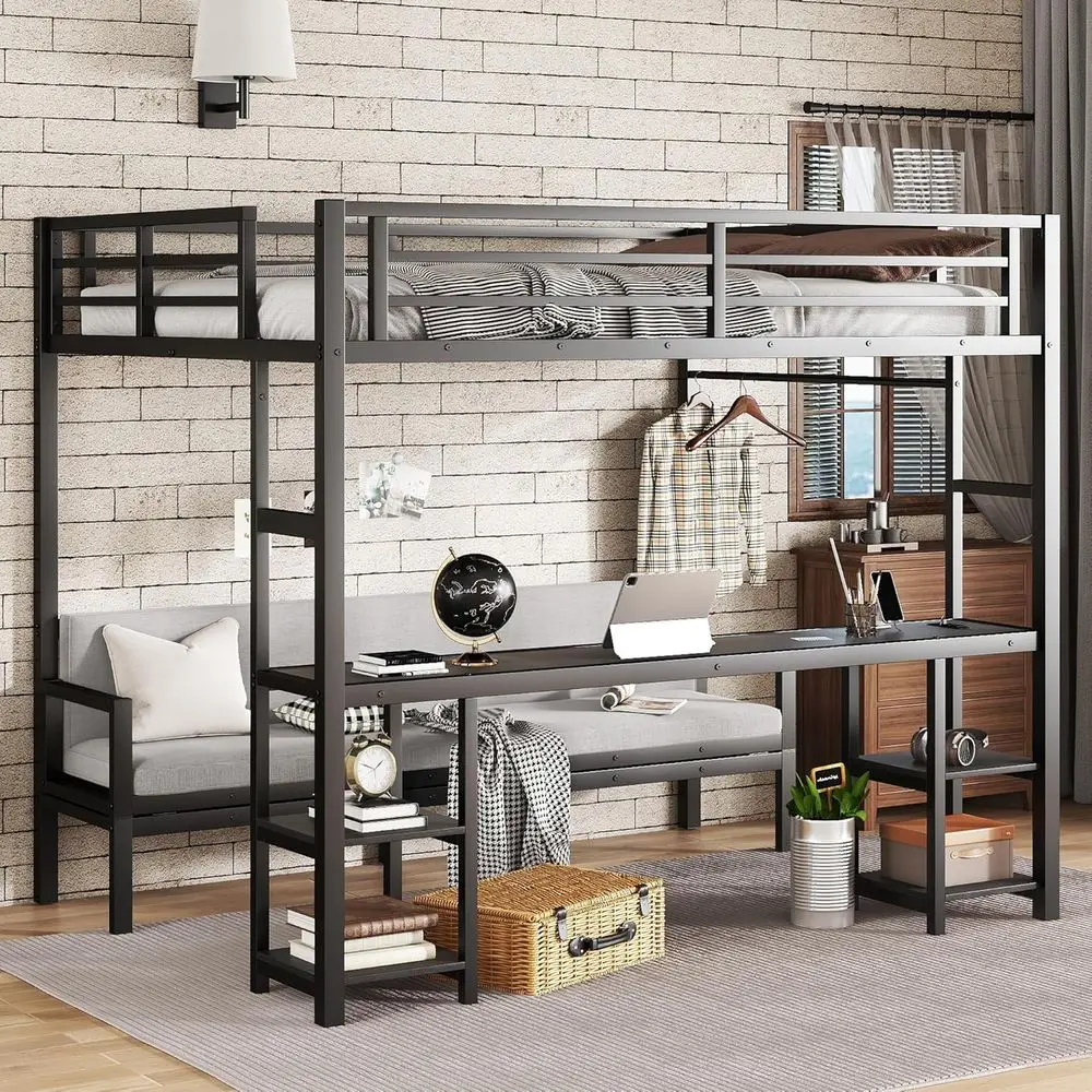 

Twin XL Over Queen Bunk Bed, Queen Loft Bed with Desk and Shelves, Loft Bed with Desk, LED Lights, and USB Ports, Black