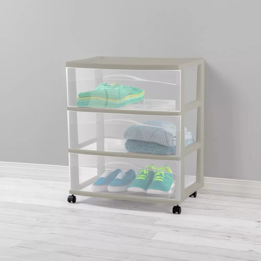 

3 Tier Clear Plastic Drawer Storage Organizer with Wheels,Wide 3 drawer cart with Grey Frame,BPA-free Drawers Bin for Home