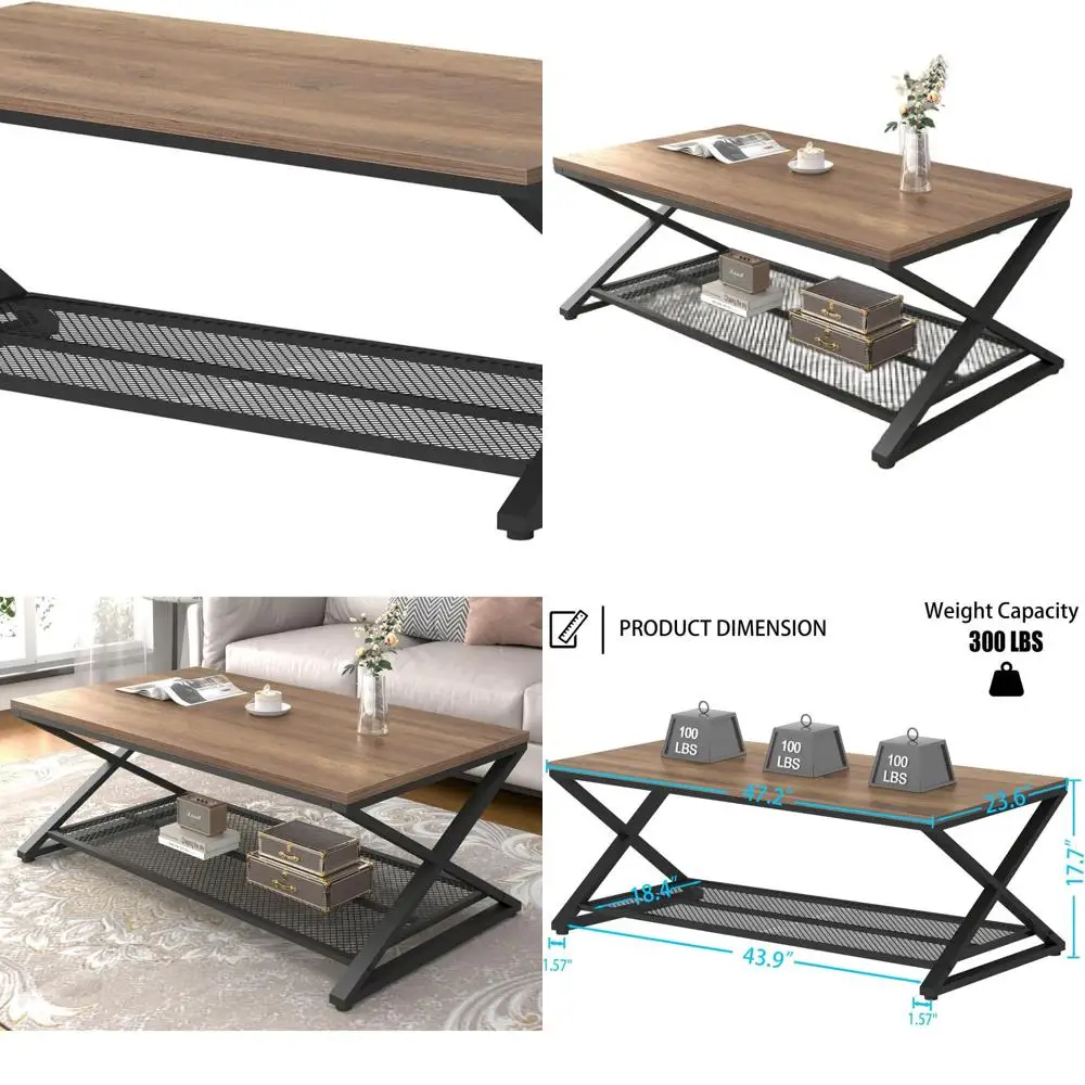 

Rustic Oak 47 Industrial 2-Tier Metal & Wood Coffee Table with Storage for Living Room & Office