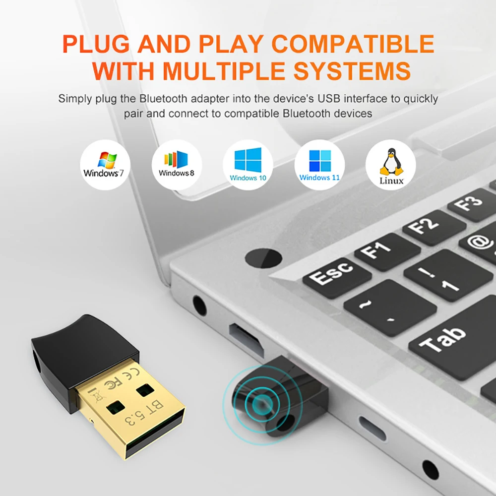 USB Bluetooth 5.3 adaptador, receptor de áudio, transmissor, dongle, apto para PC, laptop, alto-falante sem fio