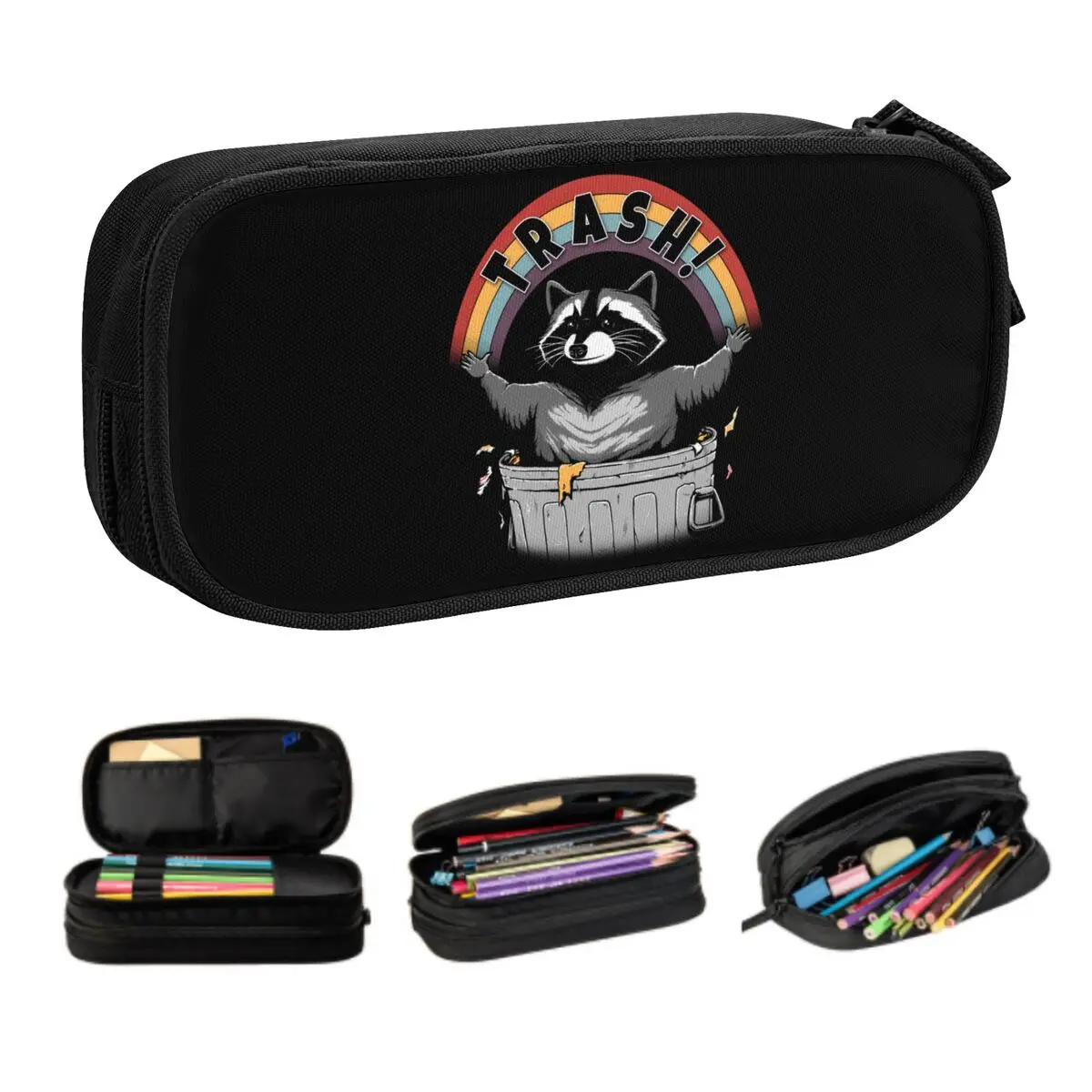 Custom Retro Live Fast Eat Trash Raccoon Pencil Cases for Boys Gilrs Large Storage Racoon Panda Pencil Box School Supplies