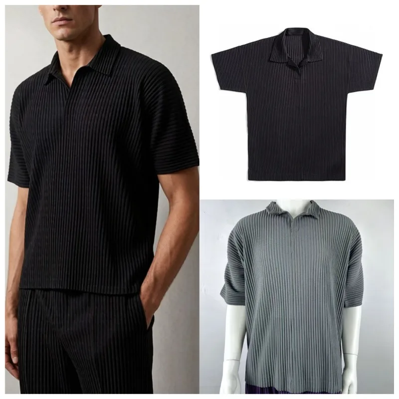 Miyake Pleated Polo Shirt 2026 Summer Classic Slim Fit Fashion Short Sleeve Loose Top Simple Solid Color Turn-down Collar Casual
