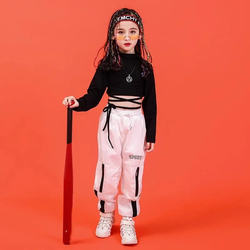 2 Pcs Streetwear Suit Costume girl Summer Chidren Hip Hop Clothing Cotton Black Long Sleeve Crop Tshirt White Polyester Pant