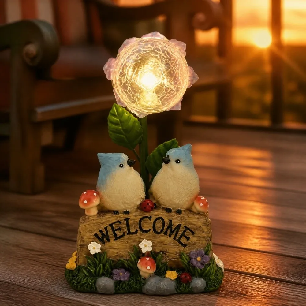 Solar Powered Garden Welcome Sign Warm Light Creative Design Bird Figurine Durable Resin No Wiring Needed Garden Ornament