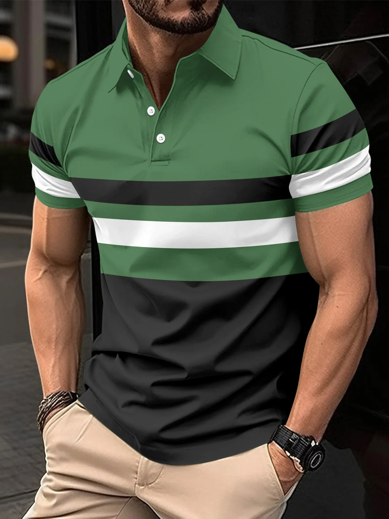 

2024 new summer men's short-sleeved Polo shirt Fashion patchwork striped printed T-shirt Breathable party casual sports polo shi