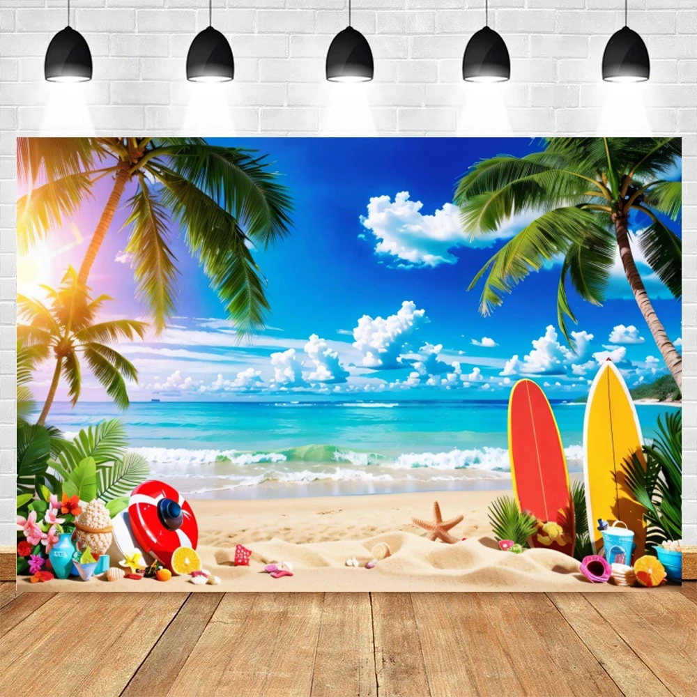 Summer Seaside Beach Party Photography Backdrop Sea Ocean Tropical Palm Leaves Flowers Surfboard Birthday Party Photo Background