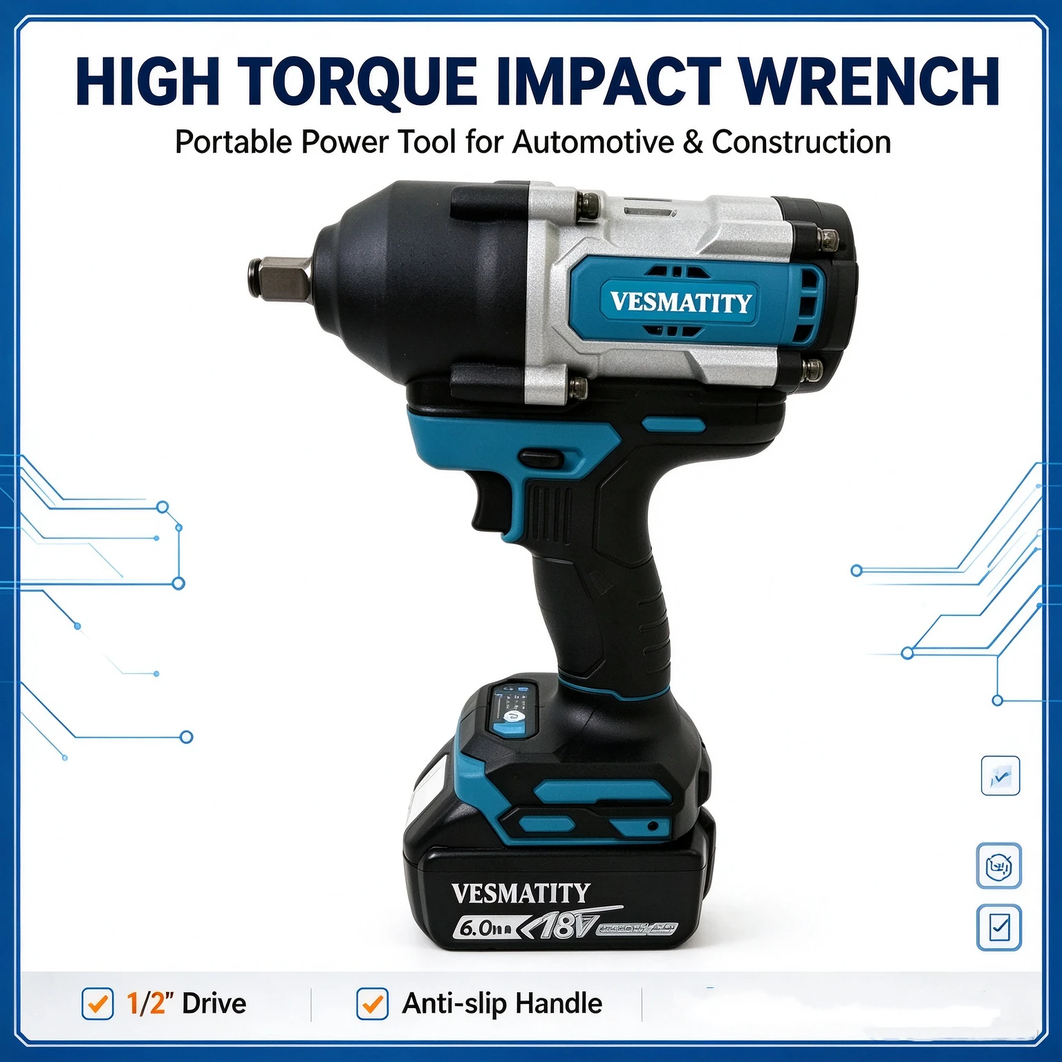 High Torque Cordless Electric Impact Wrench 1/2