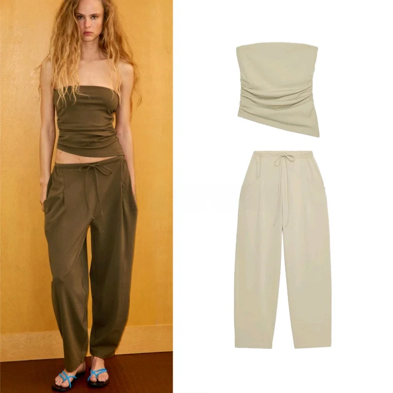 

Asymmetric Hem Wrap Chest Style Top Elastic Waist Pocket Decorated Pants Long Pants Spring Season Women's Fashion Set