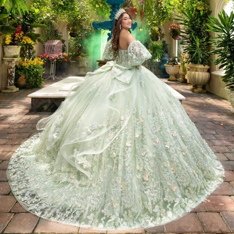 فساتين Quinceanera خضراء رائعة متألقة ، حبات تول ، ثوب كرة دانتيل ، فستان حلو ستة عشر عامًا ، زين ، حبيبته