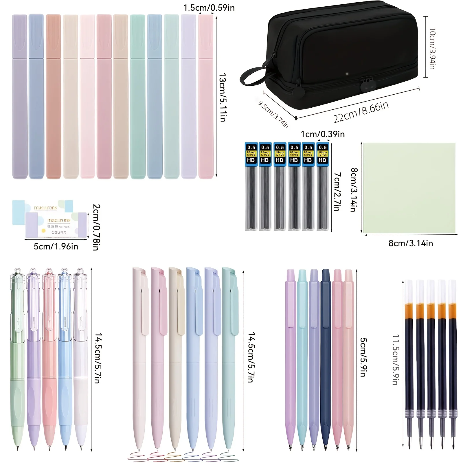 4 قطع من القرطاسية الأنيقة، بما في ذلك مقلمة ذات سعة كبيرة، و12 قلم هايلايتر، و11 قلم جل، و6 أقلام نافورة.