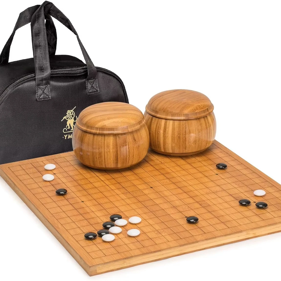 Bamboo Etched Reversible 19x19/13x13 Go Game Board (0.8 inches) with Bi-convex Melamine Stone and Bamboo Bowl
