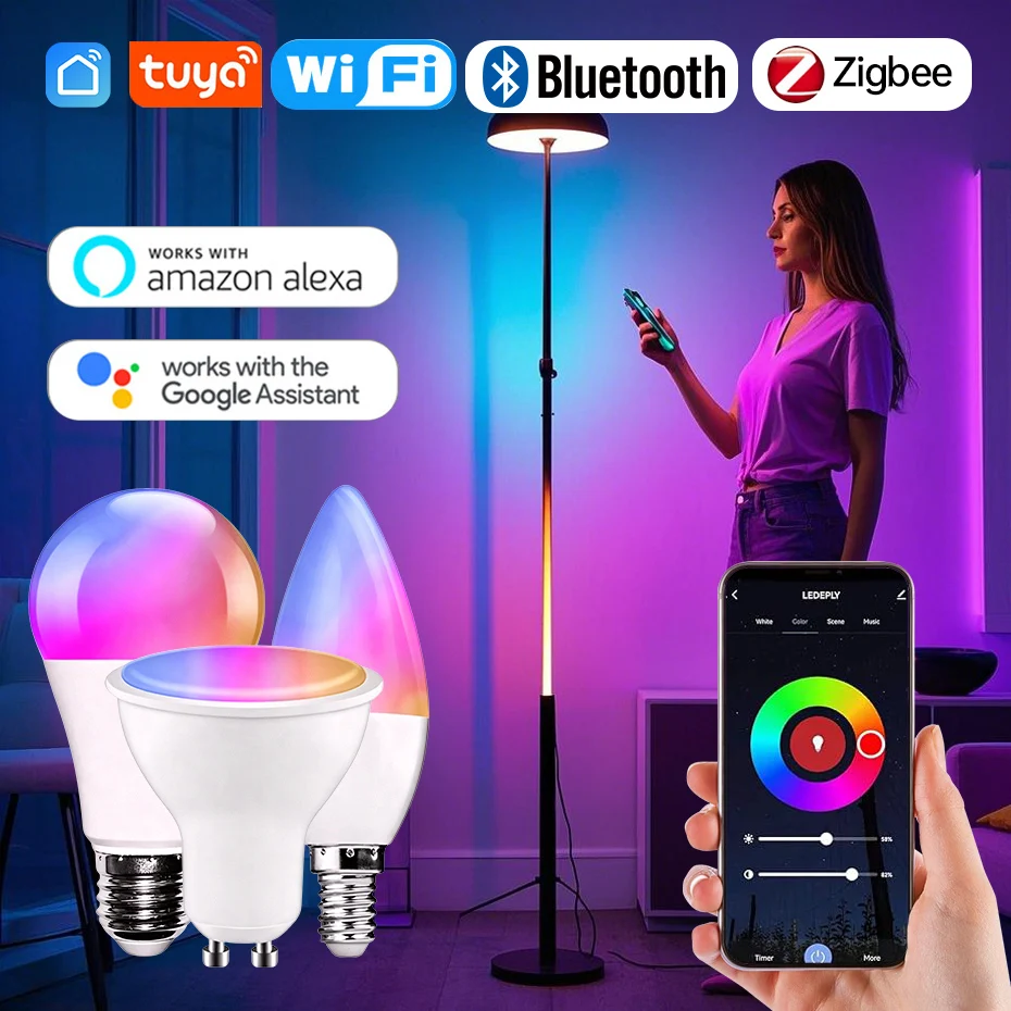 

Tuya E27 GU10 E14 Smart Bulb WIFI Zigbee Bluetooth RGB Dimmable15W 5W Smart LED Lamp RGB LED Light Bulb Work With Alexa Google