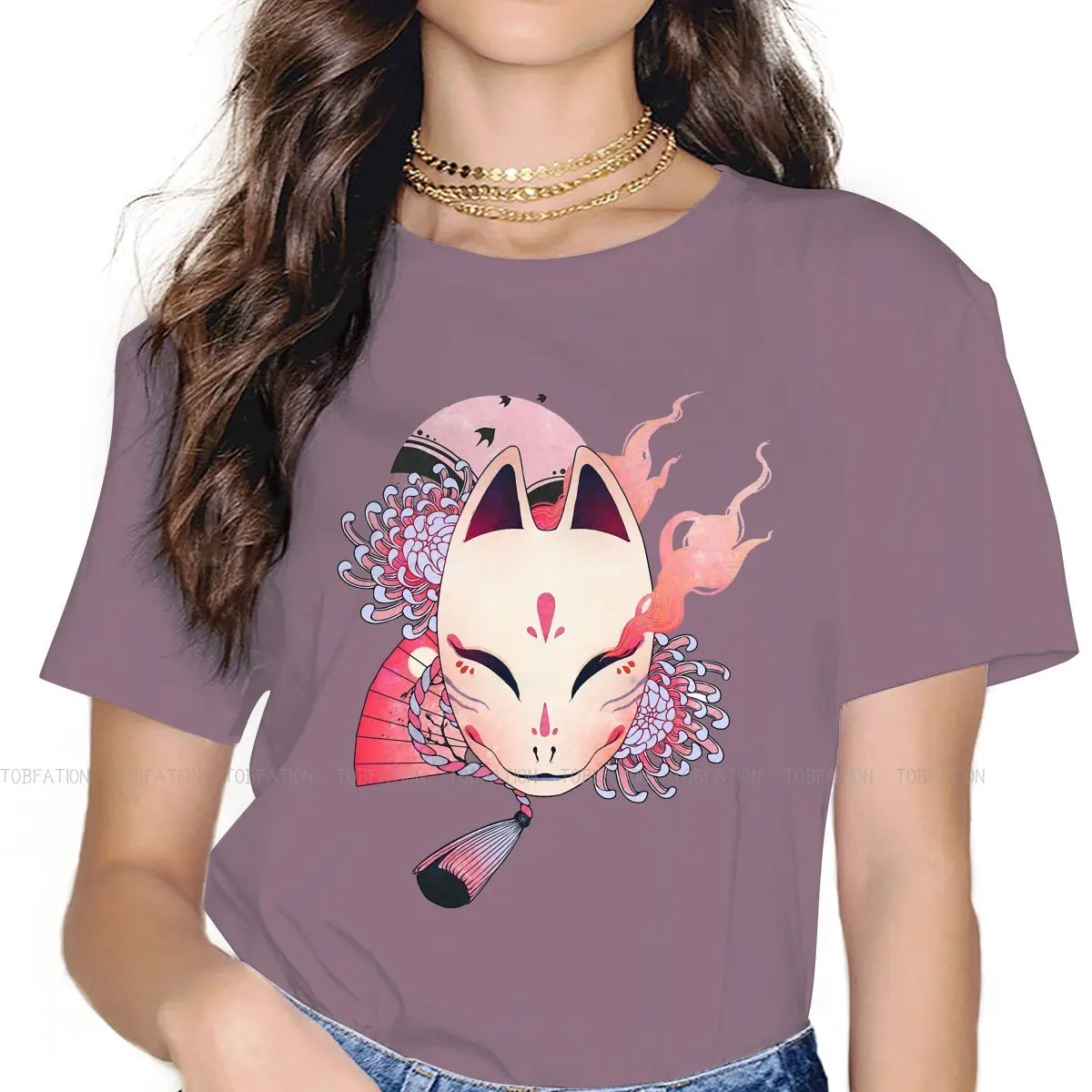 Pink Kitsune Newest TShirts Nine Tailed Fox Beautiful Fantasy Woman Graphic Fabric Tops T Shirt O Neck Oversized 5XL