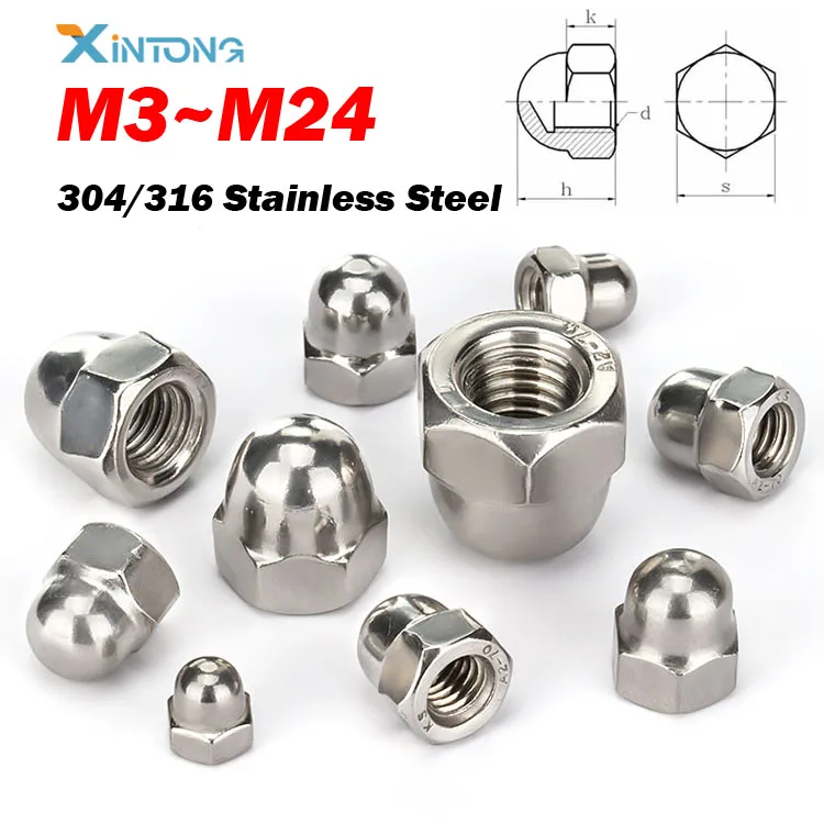 Acorn Nuts 304/316 Stainless Steel Hex Hexagon Decorative Cover Semicircle Dome Cap Acorn Nut M3 M4 M5 M6 M8 M10 M12 M14 M16~M24