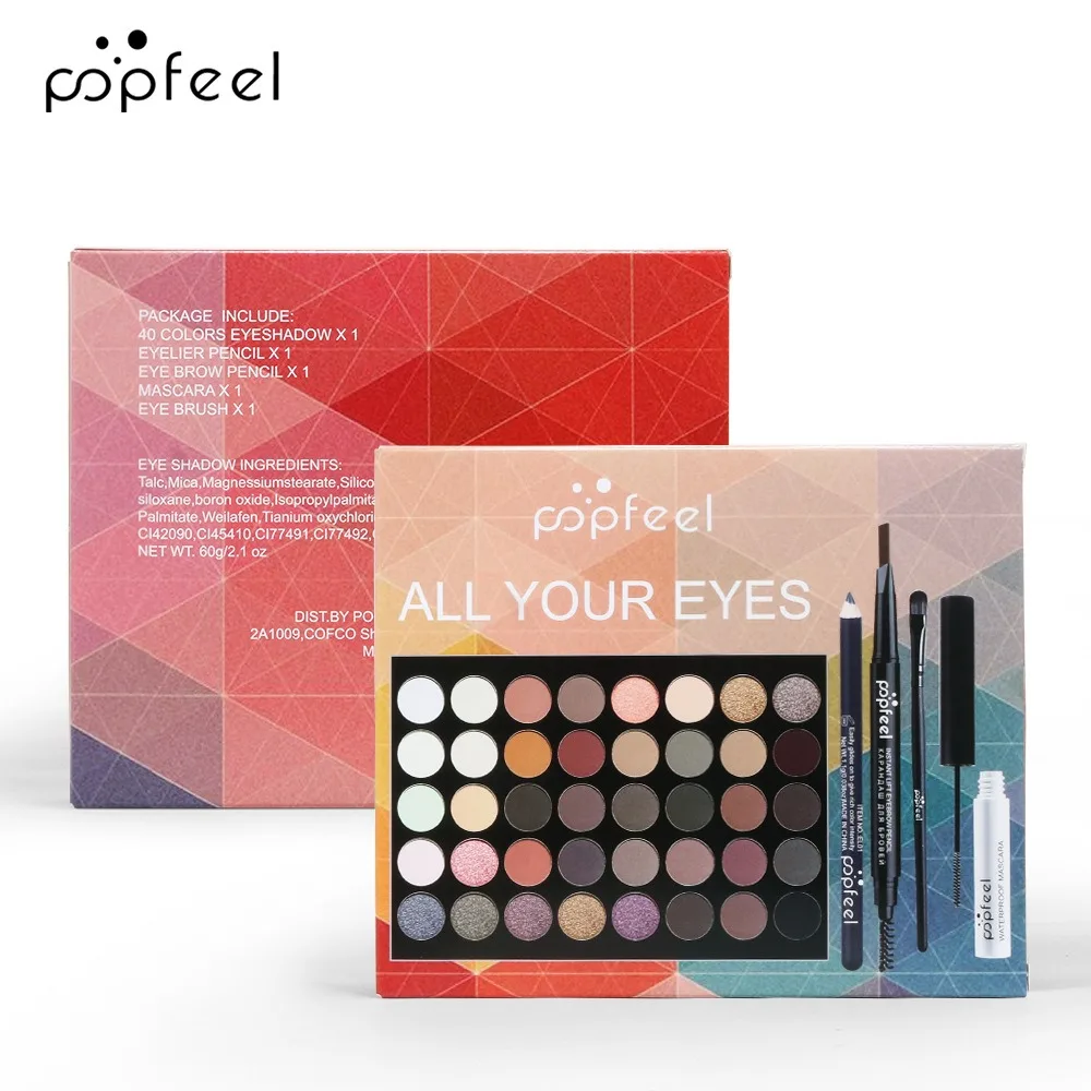 POPFEEL-Ensemble de palette de fards à barrage, eye-blogueur, stylo eye-liner, mascara, pinceaux de maquillage, cosmétiques pour les yeux, 40 couleurs