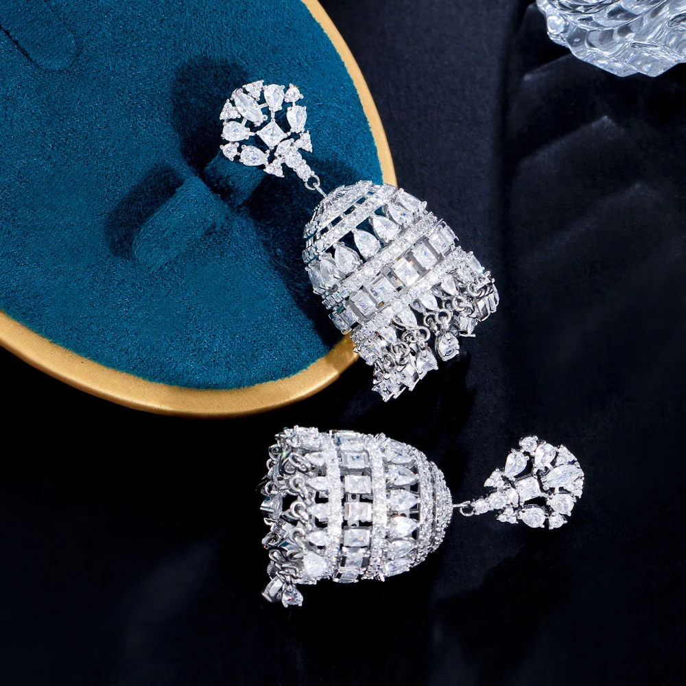 ThreeGraces Sparkling Cubic Zirconia Stone Silver Color Luxury Long Tassel Drop Earrings for Women Nigerian Party Jewelry E1075